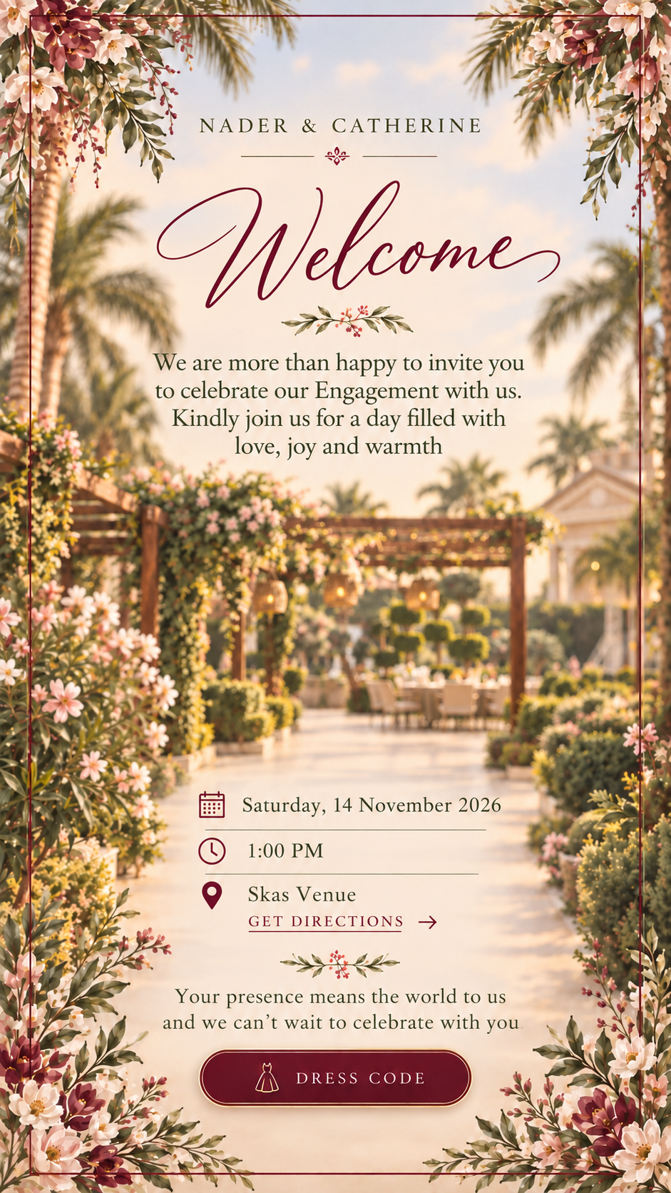 Welcome slide for Nader and Catherine engagement brunch